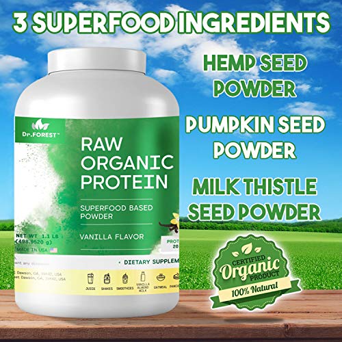 Dr. Forest Organic Raw Cold Pressed Vegan Plant Protein Powder - Add to Your Favorite Smoothies or Shakes - Non-GMO Certified Organic 20 Grams Protein per Serving, 2.2 lbs (Vanilla, 1.1 lbs)