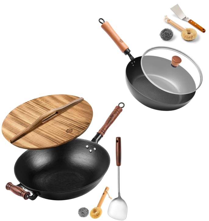 Wok plano de hierro con tapa de vidrio y espátula