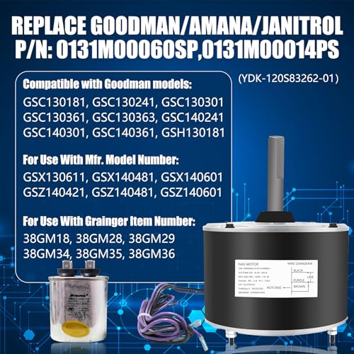 Image of 0131M00061SP Condenser Fan Motor 1 /4 Hp, YDK-180S84062-01, 1-Speed, 208 /230 Volts, 1.5 Amps, 830 RPM, Compatible with Goodman Amana Janitrol Air Conditioner Fan Motor, 0131M00014PS