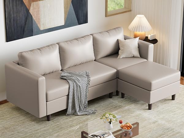 Image of ABCASA Faux Leather Modular Sectional Sofa, 91.5 inch L Shaped Couch Set for Living Room, 3-Seater Comfy Cloud Couches with Movable Storage Ottoman,DIY Combination - Whitesand