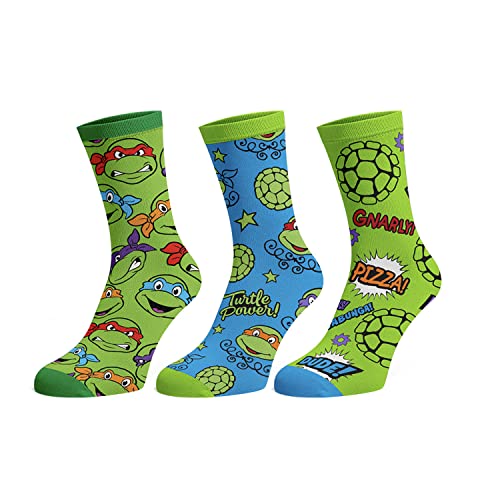 Bioworld Teenage Mutant Ninja Turtles Men's Turtle Power 3-Pack Adult Mid-Calf Crew Socks Shoe Size 8-12