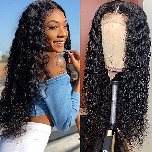 Brazilian Water Wave 4X4 Lace Front Wigs Middle Part Pre Plucked with Baby Hair Brazilian Virgin Remy Hair 4X4 Closure Lace Wigs for Women Natural Black Color Fabc Hair (22", water wave)