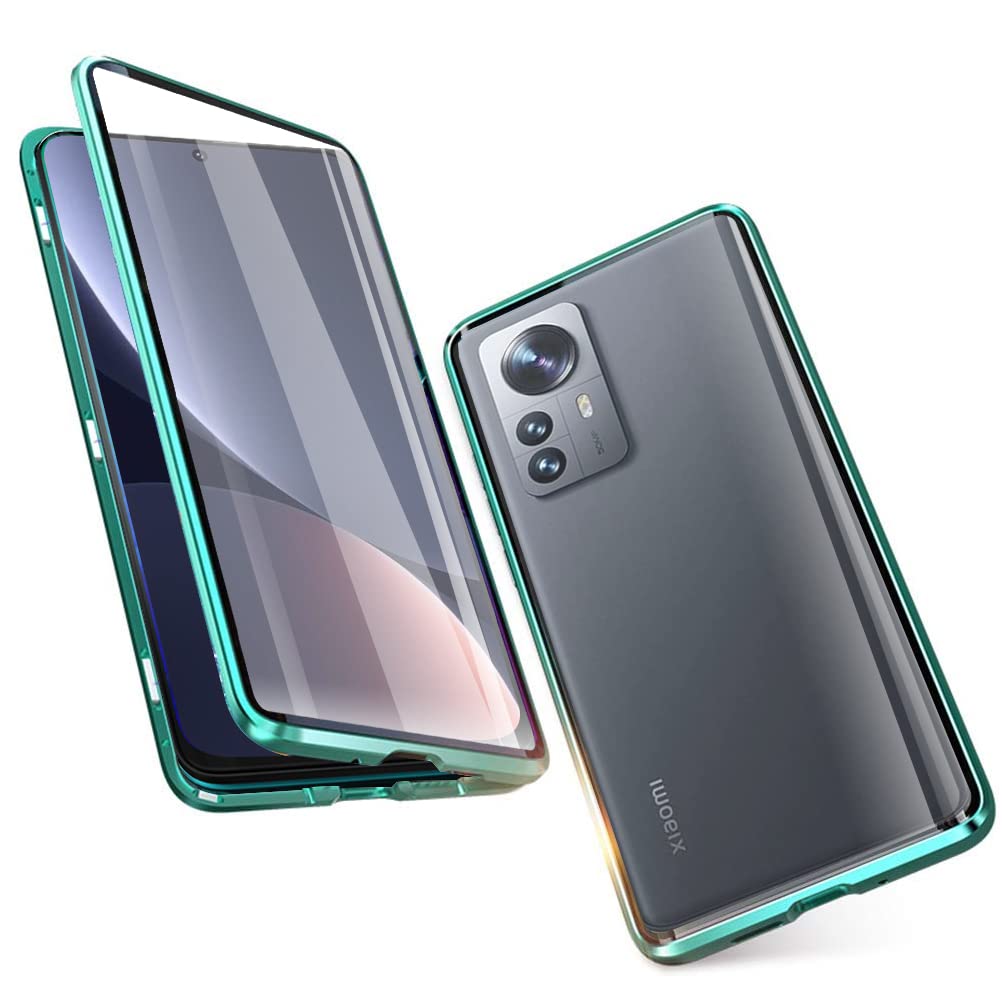 Glass Case for Xiaomi 12 Lite (6,55"), Metal Frame Magnetic Adsorption Case Double-Sided 9H Tempered Glass Aluminum Shockproof Bumper 360 Protection Cover Anti-scratch Clear Case, Green