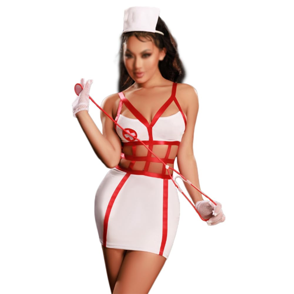 Sexy Rollenspiel-Kostüm rot-weißes eng anliegendes Kleid mit Riemen