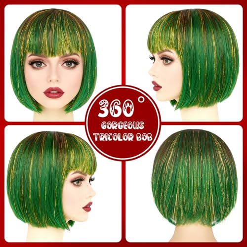 Image of PLULON Green-Red-Gold Bob Wig with Bangs for Women Men, Colorful Short Funny Bob Wigs with Heart Sunglasses and Hair Cap Colored Cosplay Hairpieces for Christmas Halloween Costume Neon Party