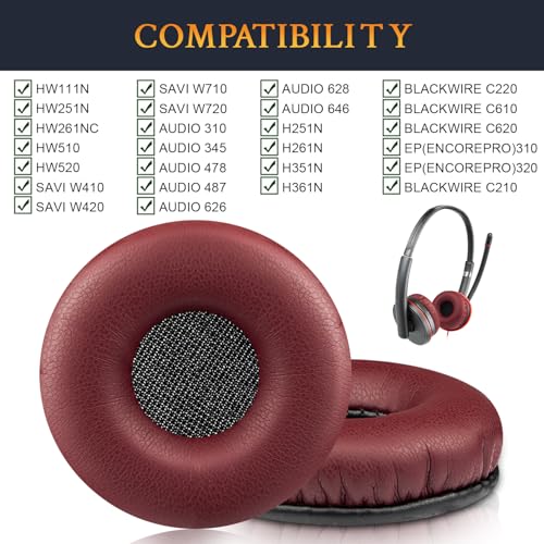 SOULWIT Almohadillas de Oreja Reemplazo 50mm para Plantronics Blackwire C210/C220/C610/C620, Almohadillas para Poly EncorePro 310(EP310)/EncorePro 320(EP320)/SAVI W410/W420/W710/W720 - Burdeos miniatura 2