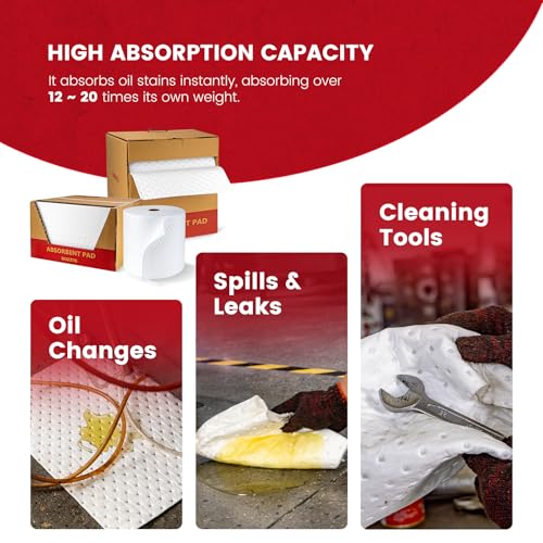 Image of Oil Absorbent Pads Roll | 16 inchx20 inch Oil-Only Spill Mat 100-Pack | Industrial Spill Control for Oil & Fuel(24 Gal /Box) | Repels Water Absorbing Rolls