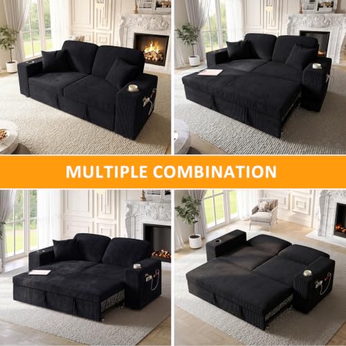 Image of 63 Inch Sleeper Sofa Bed, 3 in 1 Pull Out Couch Bed with Reclining Backrest, Small Loveseat with Wide Armrest | USB Charging | Side Pockets | Cup Holders | Tool Free Assembly, Corduroy Black