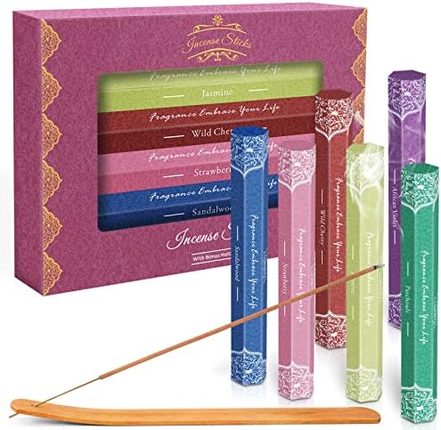 Incense, Scented Incense Sticks, Incense Gifts Sandalwood, Patchouli, African Violet, Strawberry, Jasmine, Wild Cherry, Valentines Day Gifts Pack 120 Sticks Including a Holder