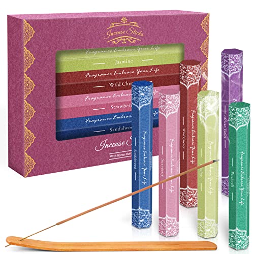 Incense, Scented Incense Sticks, Incense Gifts Sandalwood, Patchouli, African Violet, Strawberry, Jasmine, Wild Cherry, Valentines Day Gifts Pack 120 Sticks Including A Holder #TOP11