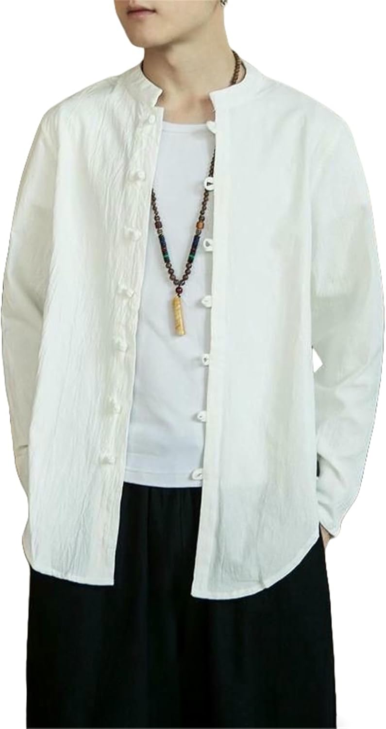 Men's Chinese Style Tang Suit Linen CottonFrog Button Long Sleeve Shirt Chinese Tunic Suit Style
