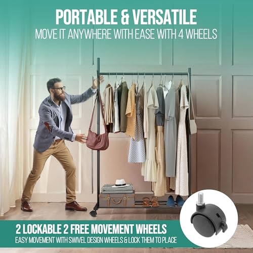 Klass Home Collection Portable Heavy Duty Clothes Rail For Bedroom, Home & Shops, 50KG Load Clothes Rack With Storage Shelf, Metal Clothing Rail For Hanging Garments, Coats (Black With Wheels) - Image 6