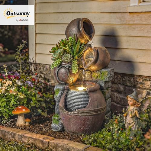 Outsunny Outdoor Fountain with 4-Tier Rustic Pot Design, Cascading Rock Waterfall with LED Lights and Adjustable Flow, Freestanding Resin Waterfall Feature for Patio Garden - 1