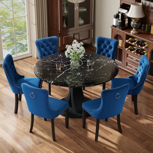 Image of 7-Piece Dining Table Set for 6 with 47 In Black Faux Marble Round Table