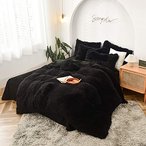 Morromorn 5 Pcs Shaggy Duvet Cover Bedding Set - Fluffy Comforter Cover Long Faux Fur Luxury Ultra Soft Cozy (Black, Full/Queen) #TOP5