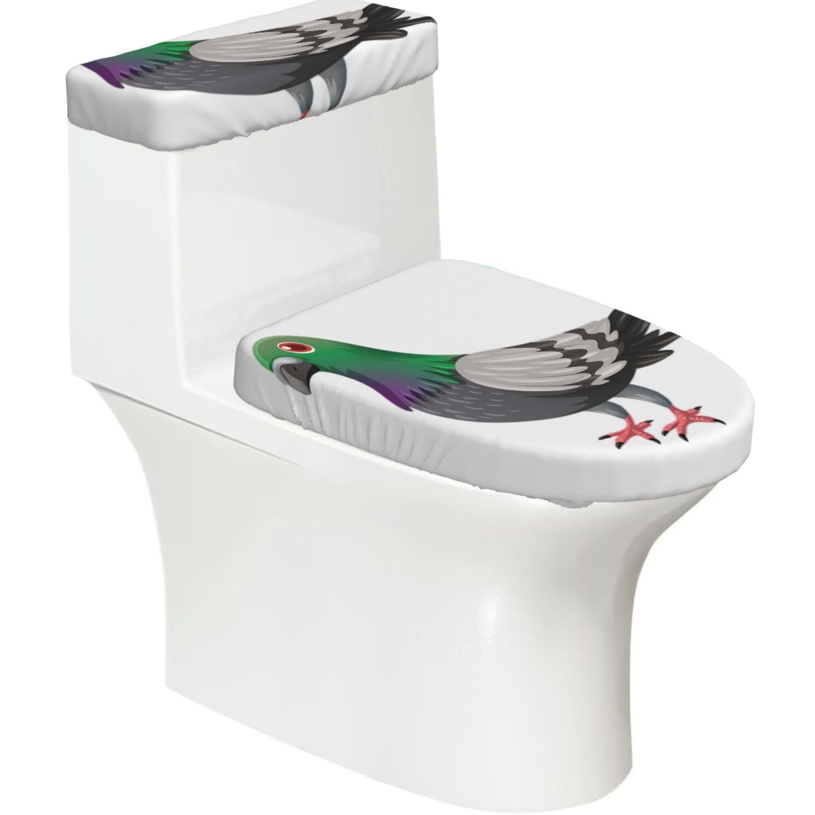 Cartoon Pigeon Print 2-Piece Stretch Toilet Cover Set, Elastic Breathable Toilet Seat and Tank Lid Protector