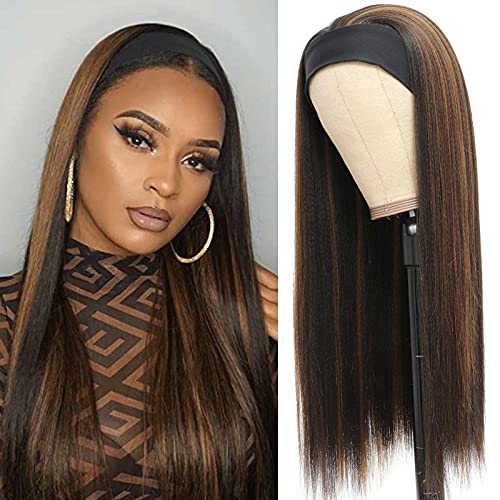Headband Wig Ombre, Headband Wigs for Black Women Kinky Straight, Synthetic Glueless Half Wig with Headbands Attached for Daily Use (16inch, kinky straight 1B/30#)