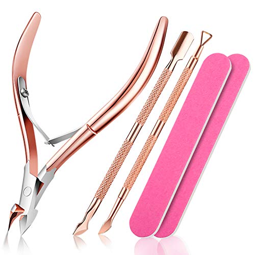 Cuticle Trimmer with Cuticle Pusher, Cuticle Cutter Nippers Clippers 5 Pcs Cuticle Remover with Nail File Set Durable Manicure Pedicure Tools Rose Gold