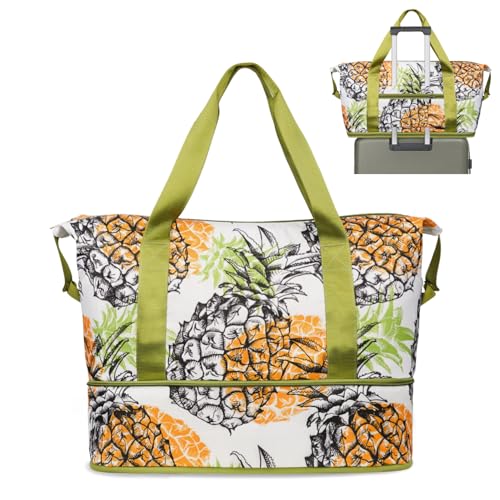 Expandable Travel Duffel Bags for Women Large - Gym Bag Waterproof Pineapple Weekender Beach Tote Carry on Bag with Luggage Sleeve for Spirit Airlines Personal Item Bags Overnight Mom Hospital Duffels