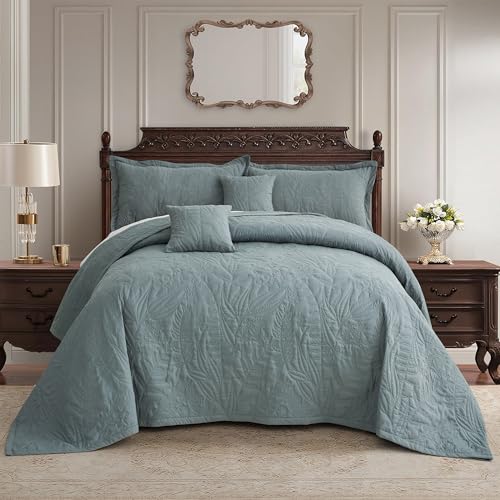 Image of HZ & HY Botanical Oversized King Bedspread 128x120 Extra Wide, Stitched Leaf Quilt Set King /Cal King, Lightweight Reversible Coverlet, Tailored Edge - Soft Neutral Look, 5 Piece, Grey