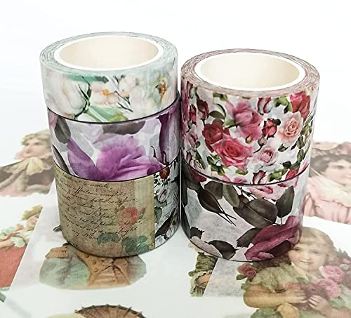 Victorian Roses Washi Tape, 5 Rolls Washi Tapes & 18 Washi Stickers, Vintage Washi Tape Theme, Crafting Supplies, 10 Meters (394 Inches) Long - Serenity Fair