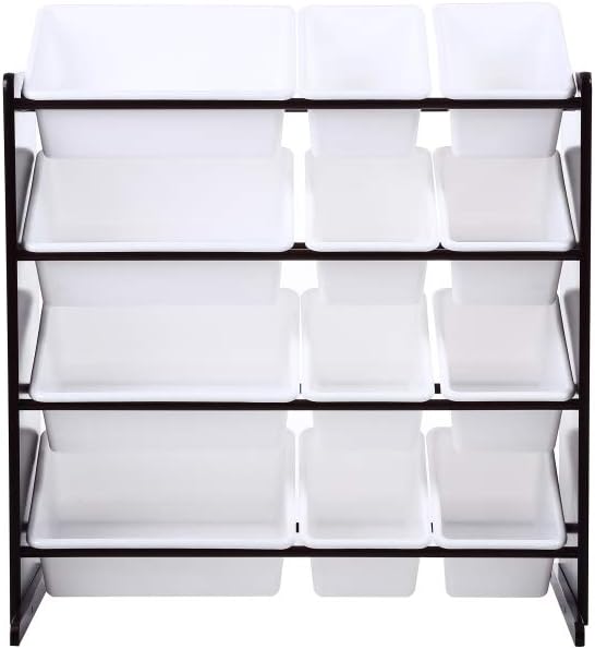 Phoenix Home Storage Organizer with 12 Plastic Bins, Wood, White+Espresso