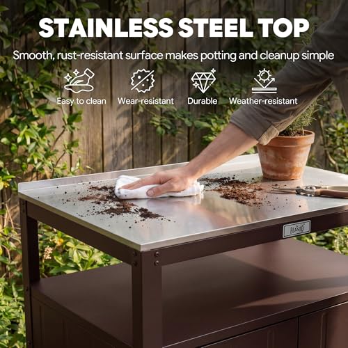 Feasto Outdoor Potting Bench with Storage Cabinet, Garden Work Bench & Potting Table, Stainless Steel Tabletop Potting Station for Patio Lawn Greenhouse Gardening by Feasto - Image 3