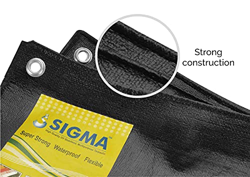 Image of SIGMA (LABLE) 15FT X 12FT 230 GSM Tarpaulin Sheet Waterproof Tirpal Tarpal Tadpatri Super Strong Virgin HDPE UV Treated Rain, Roof, Shed, Multipurpose Cover Black (Strong Eyelets Every 3 Feet)