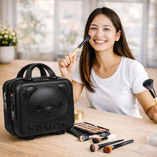 Image of Wishkey Travel Makeup Cosmetic Organizer Hard Shell Case with Password Lock & Trolley Strap, Portable Vanity Box Suitcase for Women & Girls Multipurpose Makeup Storage Bag (31x24x14cm) Black