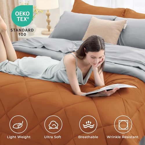 HEVUMYI King Comforter Set - 7-Piece All Season Bed in a Bag King, Ultra Soft Bedding Set with Comforter, Flat Sheet, Fitted Sheet, Pillowcases, Pillow Shams, Orange & Light Grey