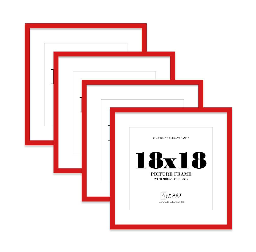 18x18 Red Picture Frame with Mount for 16x16 Photos, Prints - Modern Square Wall Frame, Set of 4