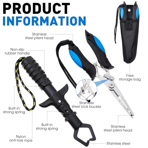 Image of RoundFunny 10 Pcs Fishing Tool Kit, Fishing Pliers with Lanyard and Protective Sheaths, Landing Net, Fillet Knife, Fish Scale, Gripper, Hook Remover, Braid Scissors, Gloves for Men Dad Gift