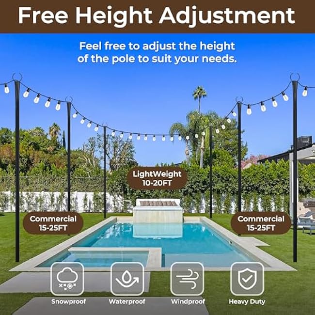 10 Ft String Light Poles for Outside, 4 Pack Heavy-Duty Metal Poles for Outdoor Hanging Lights with Fence Brackets, Outdoor String Light Pole Stand for Patio, Backyard, Garden