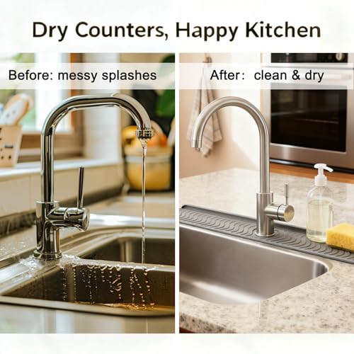 Image of 30 Inch Silicone Kitchen Sink Faucet Mat, Adjustable Waterproof Splash Guard Draining Mat Keep Countertops Dry (Black)