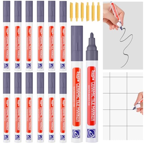Sinofort Fugenstift Grau,12Stück Fugengrau Stift für Fliesen im,Fugenmörtel Restaurierung Stift mit Ersatzspitze,Fugenstift Grau bad Wasserfest,Reparaturstift für Fliesen für Fugenstift für Schimmel