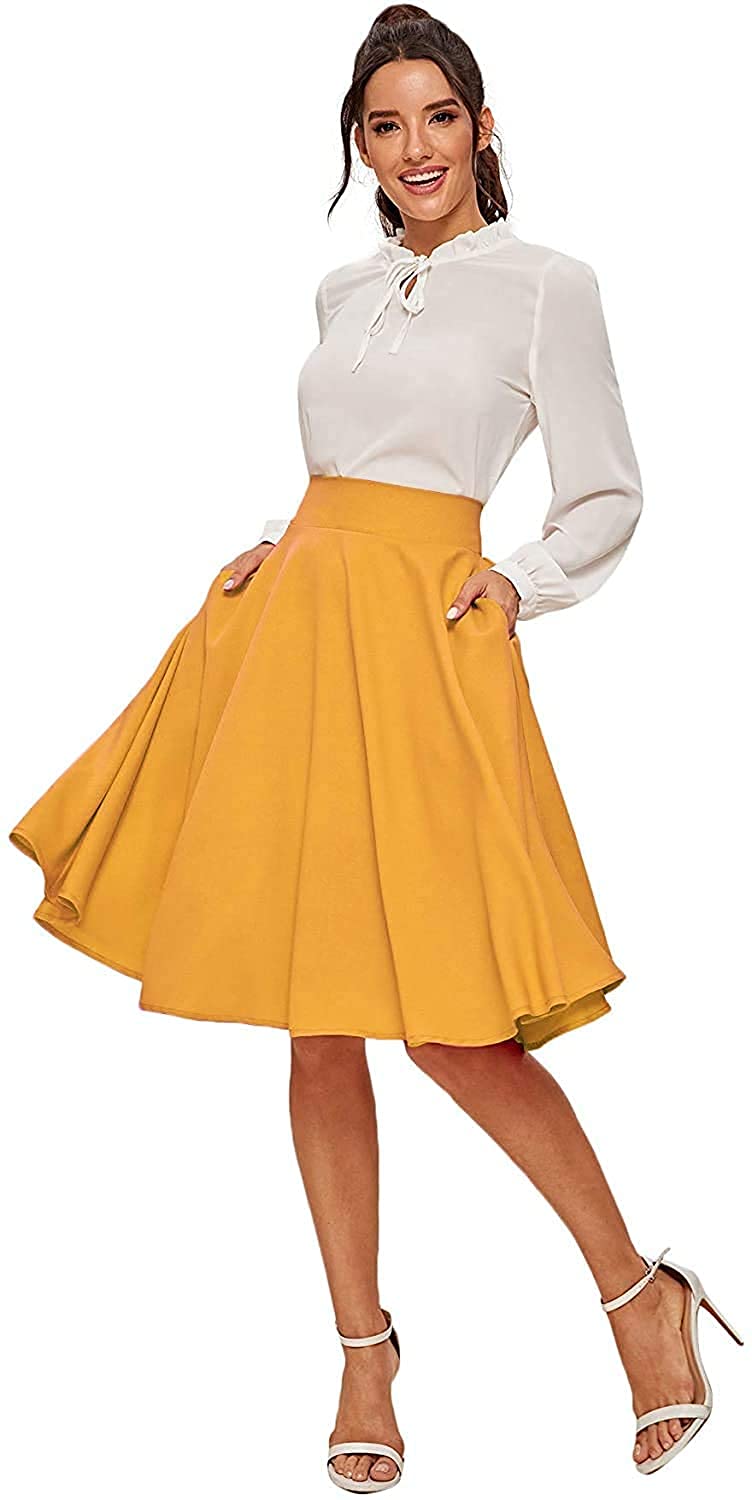 fraulein Women's A-Line Midi Skirt with Pockets Below Knee Length Flared Skater Skirt High Waisted Pull-On Closure Stretchable Versatile All-Season Casual Wear (S to 3XL)-picture-24