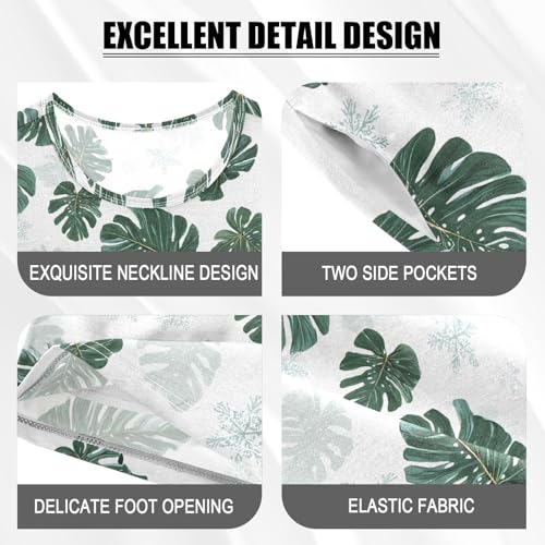 ALAZA Green White Leaves Pajama Set Short Sleeve Sleepwear Soft Lounge Nightwear4