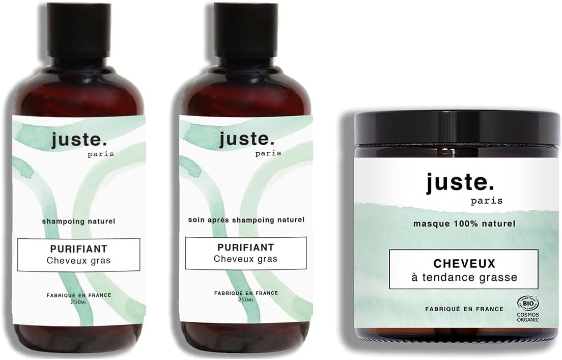 Juste Paris Routine Complète Cheveux Gras – Shampoing Purifiant + Après Shampoing Purifiant + Masque BIO – Régule le sébum, hydrate sans graisser et espace les lavages – Fabriqué en France