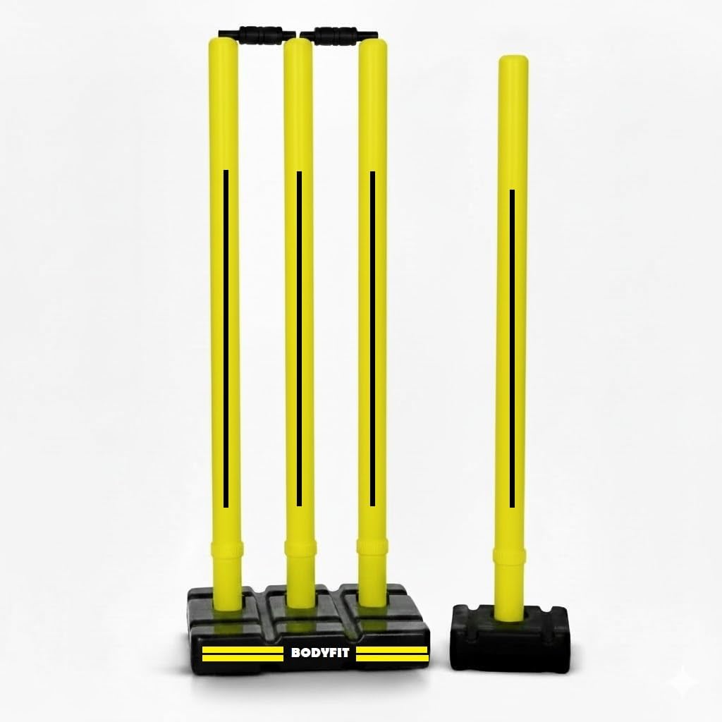 Bodyfit Premium T20 Cricket Stumps, Plastic Wickets Set with 4 Stumps, 2 Bails, 2 Stands, Full Size for Cricket Ground, Tournament, Floro Yellow-Black.-picture-17