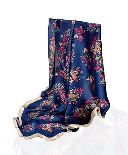 GLORIS Seidenschal mit Blumenmuster blau beige 70x70cm Damen Elegante Haare Seidentuch Halstuch Damen Elegant Satintuch Halstuch Seide Bandana Tuch Kopftücher Damen Taschentuch Bandana