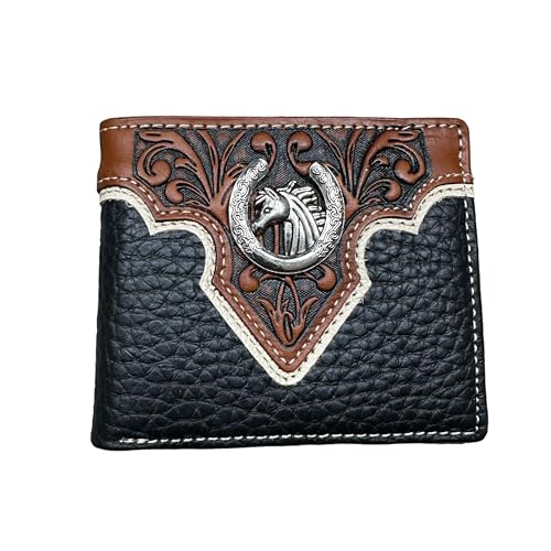 Men’s Short Leather Wallet – Tooled Inlay with Horseshoe and Horse Concho – Western Cowboy Bifold Wallet for Ranchers, Rodeo Riders & Horse Lovers