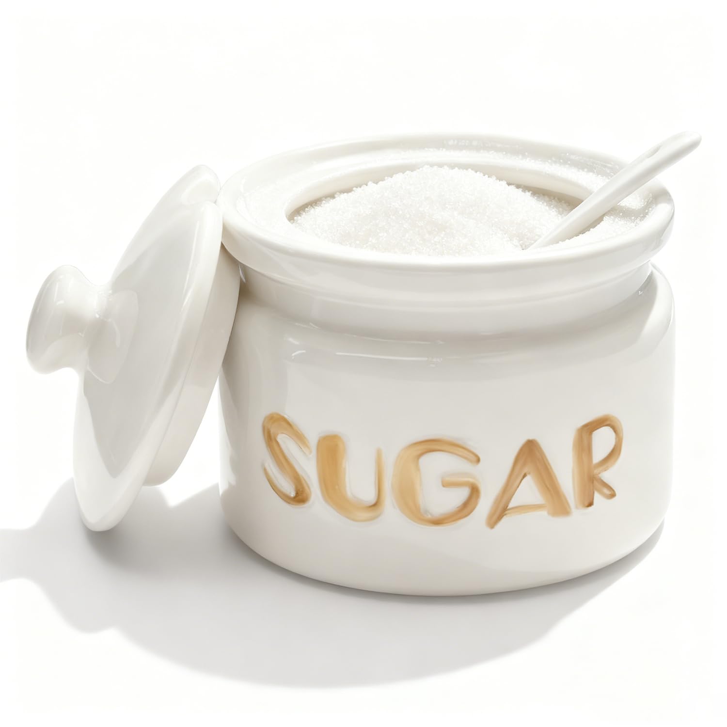 Sugar Bowl with Lid and Spoon, 10oz Ceramic Sugar Container Jar - Modern Farmhouse Style for Coffee Bar, Tea Station, Kitchen Countertop & Dining Table Decor, White