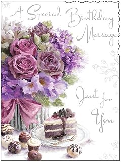 Female Birthday/Greetings Card (JJ8887) - Velvet - Flowers & Cake - Silver Embossed