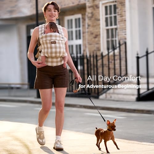 Image of Momcozy Baby Carrier - Ergonomic, Cozy and Lightweight Carrier for 7-45lbs, Effortless to Put On, Ideal for Hands-Free Parenting, Enhanced Lumbar Support, Brown Checkerboard