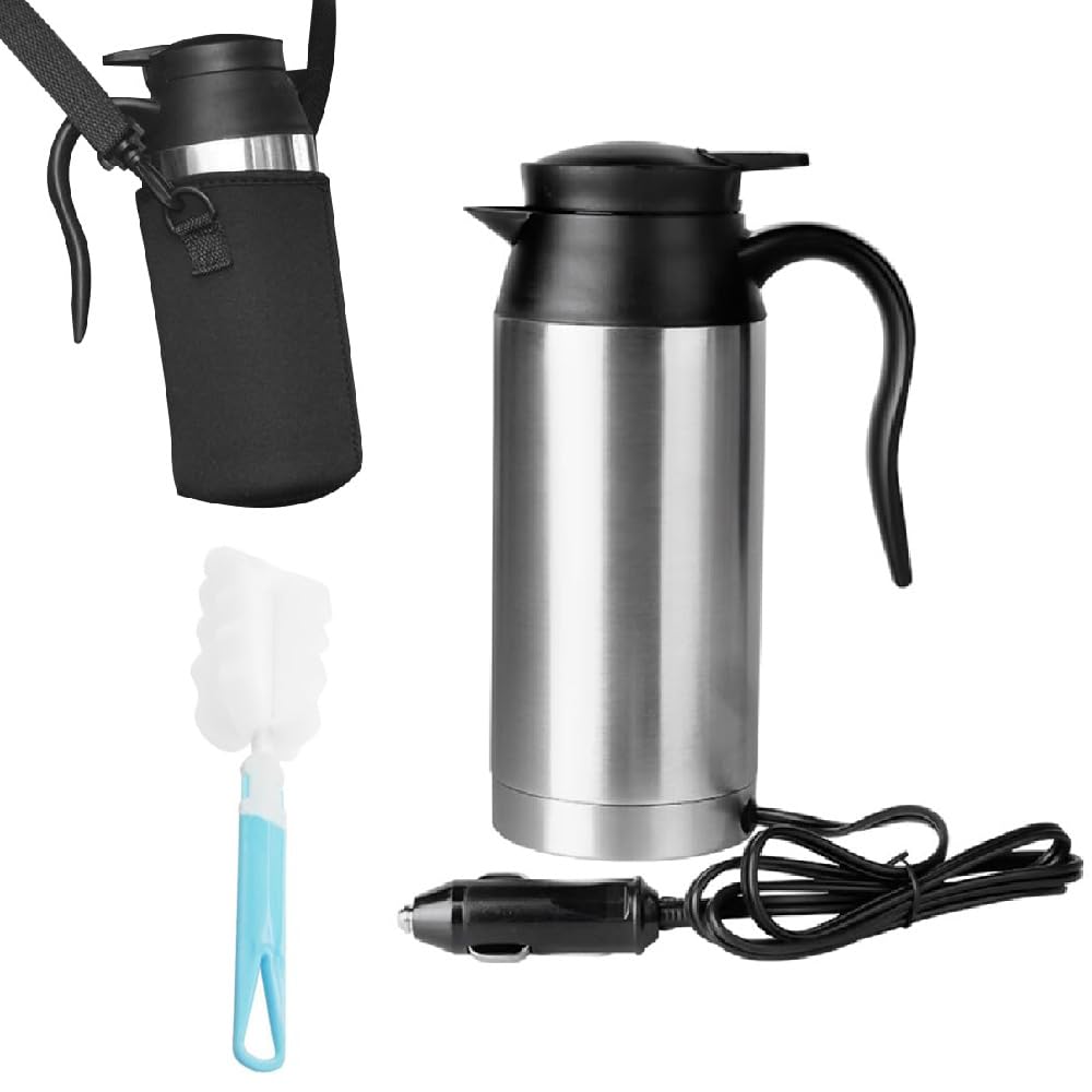 12V Auto Wasserkocher, 750ml, Doppelwand, Leuchtanzeige, Temperaturregelung, Silber und Schwarz