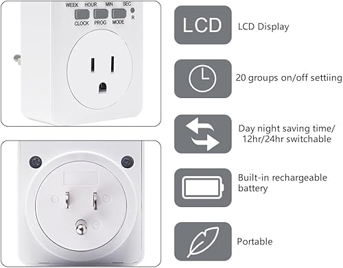 Miniatura 2 de Enchufe de salida de temporizador digital enchufable, 20 encendidoapagado, temporizador programable, 24 horas, 7 días, programas y cuenta regresiva