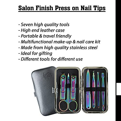 Image of Beromt 7 IN 1 Manicure Set Pedicure Stainless Steel Proffesional Nail Cutter Nail Scissors Grooming Kit with Nail Cleaning Knife, Plucker, Scissor and Nail Tools With Leather Travel Case- 03 Rainbow