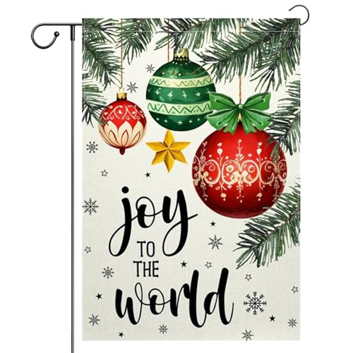 ChloropLastid Christmas Garden Flag 12x18 Inch Joy To The World Winter Outdoor Yard Flag Double Sided Small Burlap Family Xmas Balls Holiday Yard Outside Decorative Flag (Beige)