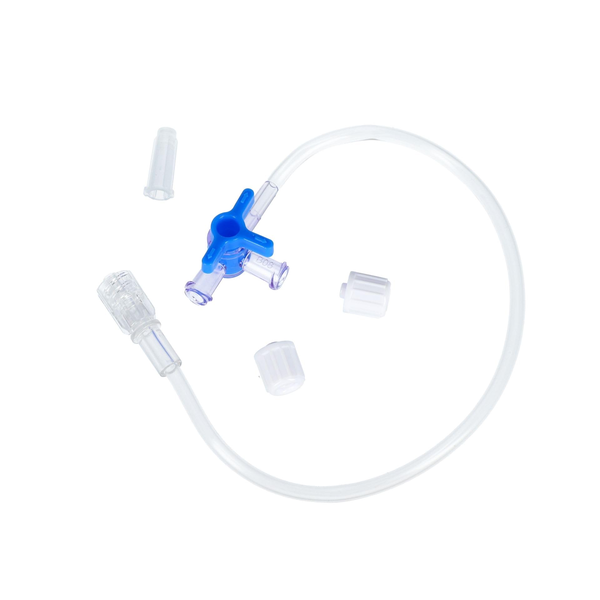 Grifo de 3 vías con línea de extensión – policarbonato y PVC, estéril, uso único 25 cm – Caja de 50 piezas