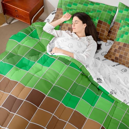 Image of Erosebridal Gaming Plaid King Comforter Set with Sheets 7 Piece Geometric Checkered Gamer Bed in A Bag Checkerboard Games Bedding Sets for Kids Adults,Brown Green Grids Bed Set